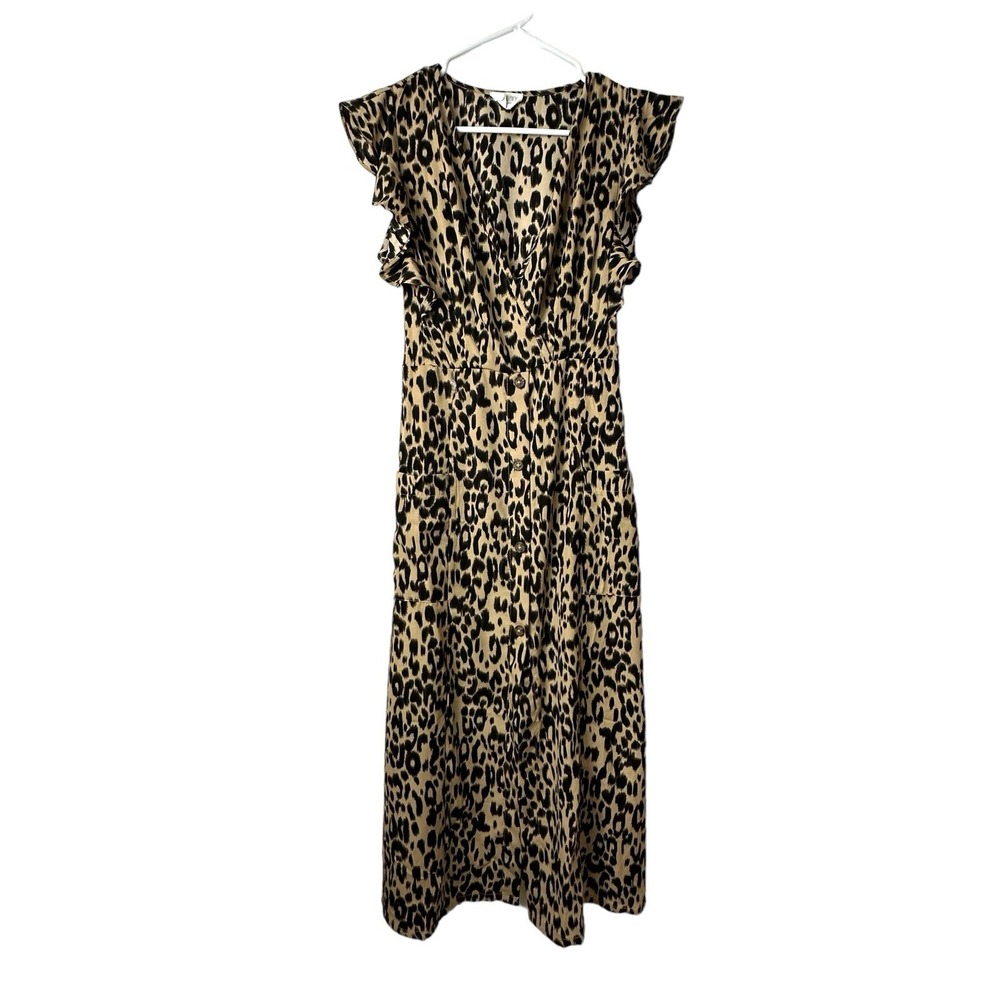 NWT! Sienna Sky Leopard Animal Print Midi Dress Sz S Pockets Flowy Ruffles Wrap